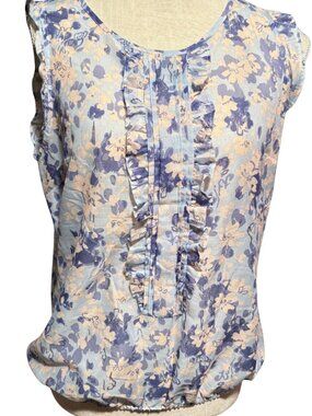 GAP Floral Semi Sheer Blouse Medium Ruffle Front Sleeveless Top Boho